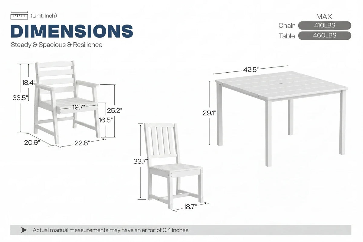 Dimensions of a white chair and table set with measurements on a white background.