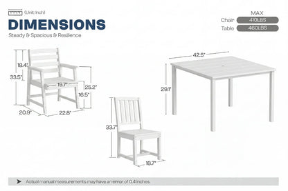 Dimensions of a white chair and table set with measurements on a white background.