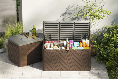 Outdoor storage bench with drinks and snacks on a patio