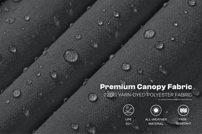 Close-up of dark gray water-dyed polyester fabric with visible water droplets and overlaid text reading 'Premium Canopy Fabric' plus small feature icons.