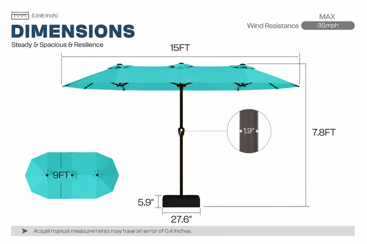 A dimension diagram of a aruba blue patio umbrella with black pole and base on a white background, showing canopy width of 15FT, height of 7.8FT, shade diameter of 9FT, and base dimensions of 27.