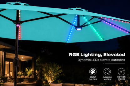 Aruba blue outdoor patio umbrella with integrated RGB LED lighting strips glowing in blue, green, purple, and pink at night, with marketing text on the right and a patio scene in the background.