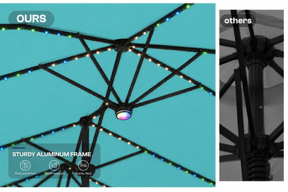 A split comparison image showing an outdoor patio umbrella canopy with multicolor RGB LED string lights on a black aluminum frame (labeled 'OURS' in color and detail), versus a black metal umbrella with no lights (labeled 'others' in color). The left image includes text overlays highlighting the sturdy aluminum frame and multicolor lights.