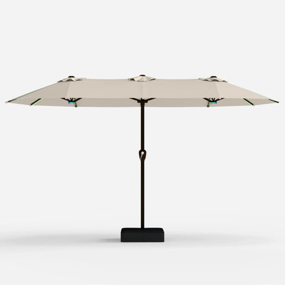 A modern cantilever patio umbrella with a beige canopy and a black metal frame and base, shown against a white background.
