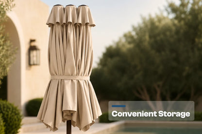 A folded beige patio umbrella stands upright in an outdoor setting with a blurred poolside background and the text 'Convenient Storage' overlaid in the lower right.