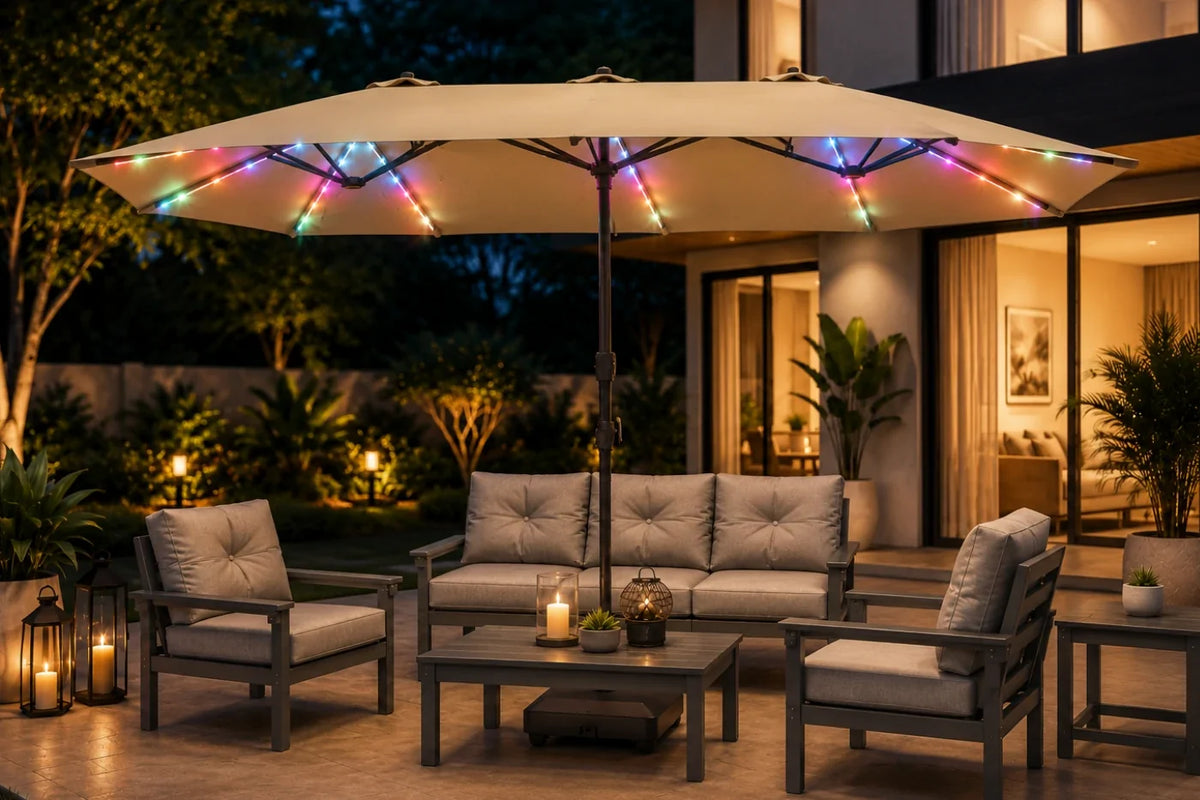 Outdoor patio furniture set with a large beige patio umbrella lit by multicolor string lights, a gray three-seat sofa, two matching armchairs, and a coffee table on a patio at night.