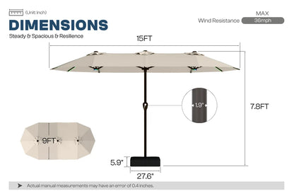 A dimension diagram of a patio umbrella showing its height, width, and base measurements on a white background, with text indicating 15FT width, 7.8FT height, 9FT cap width, and a 19-inch pole diameter.