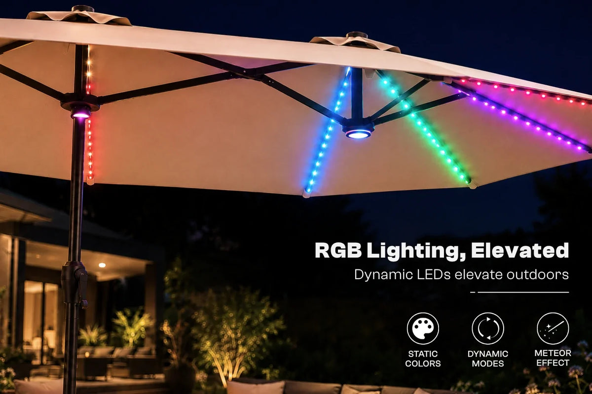 Beige outdoor patio umbrella with illuminated RGB LED strip lights under the canopy, shown at night with colorful changing lights and text overlay reading 'RGB Lighting, Elevated'.