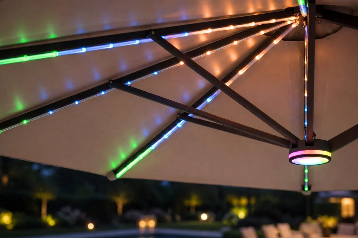Multicolor RGB LED strip lights running along the metal frame of a patio umbrella at night, with a glowing round light fixture at the bottom and a blurred outdoor background.