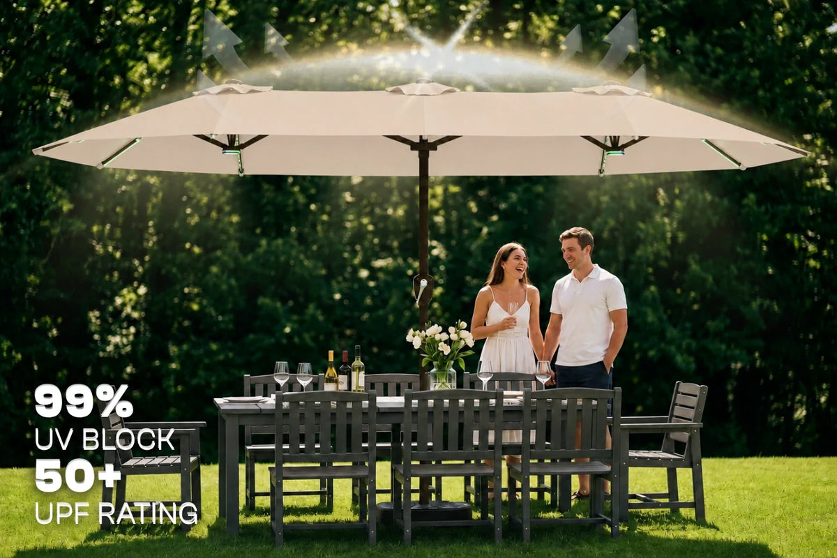 A large beige patio umbrella in a backyard setting with a dining table and chairs, featuring a couple standing underneath while sunlight shines down from above. The image includes a text overlay that reads "99% UV BLOCK 50+ UPF RATING".