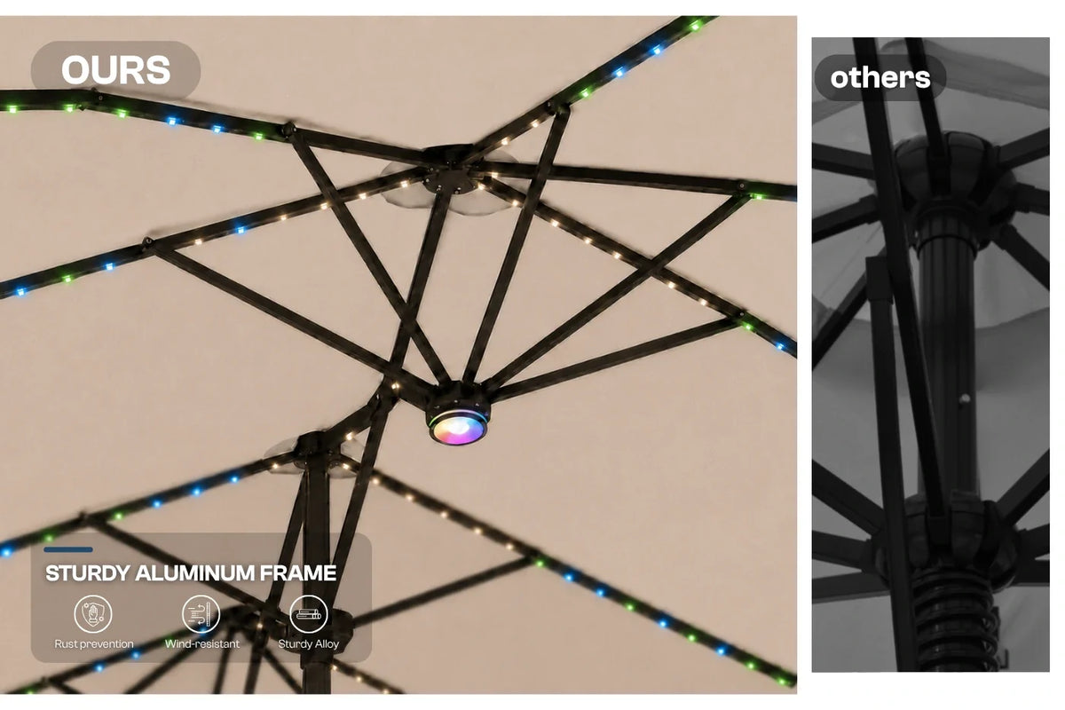 A split comparison image showing a RGB LED lighted patio umbrella canopy on the left and a standard black metal canopy on the right. The left image is labeled 'OURS' and features colorful RGB LED lights along the canopy edges, while the right image is labeled 'others' and shows a dark, unlit metal structure.