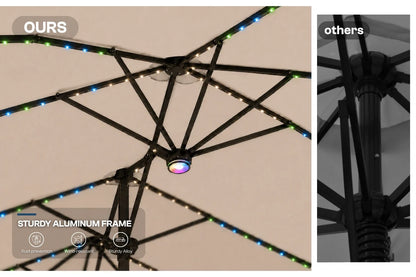 A split comparison image showing a RGB LED lighted patio umbrella canopy on the left and a standard black metal canopy on the right. The left image is labeled 'OURS' and features colorful RGB LED lights along the canopy edges, while the right image is labeled 'others' and shows a dark, unlit metal structure.