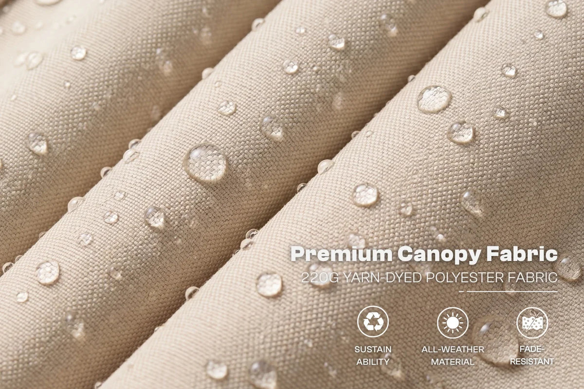 Close-up of beige fabric with water droplets and text about premium canopy fabric.