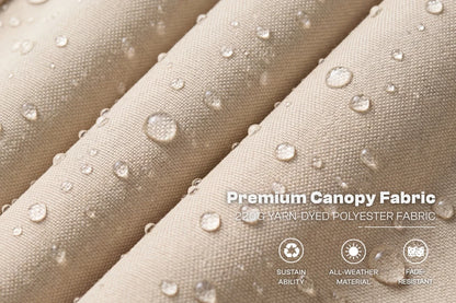 Close-up of beige fabric with water droplets and text about premium canopy fabric.