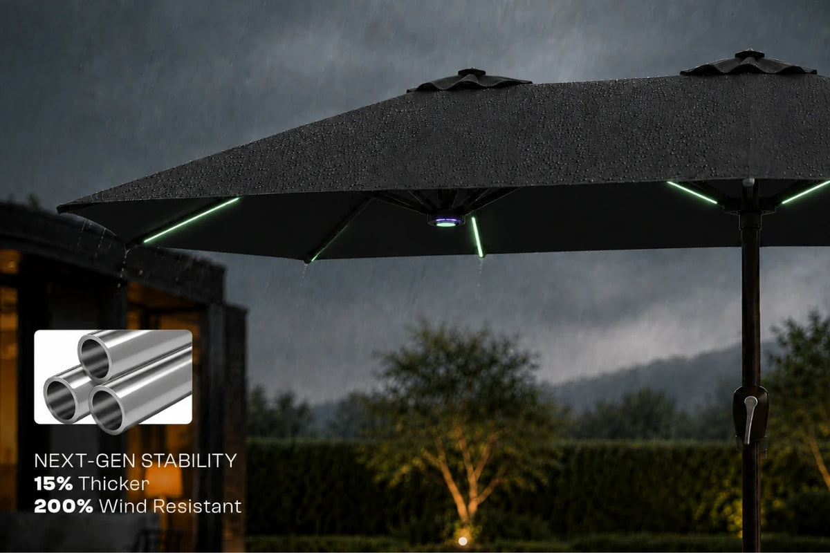 A large black patio umbrella shown outdoors under a stormy sky, with RGB LED light strips glowing along the underside. A small inset graphic in the lower left shows metallic tube material and text reading 'NEXT-GEN STABILITY 15% Thicker 200% Wind Resistant.