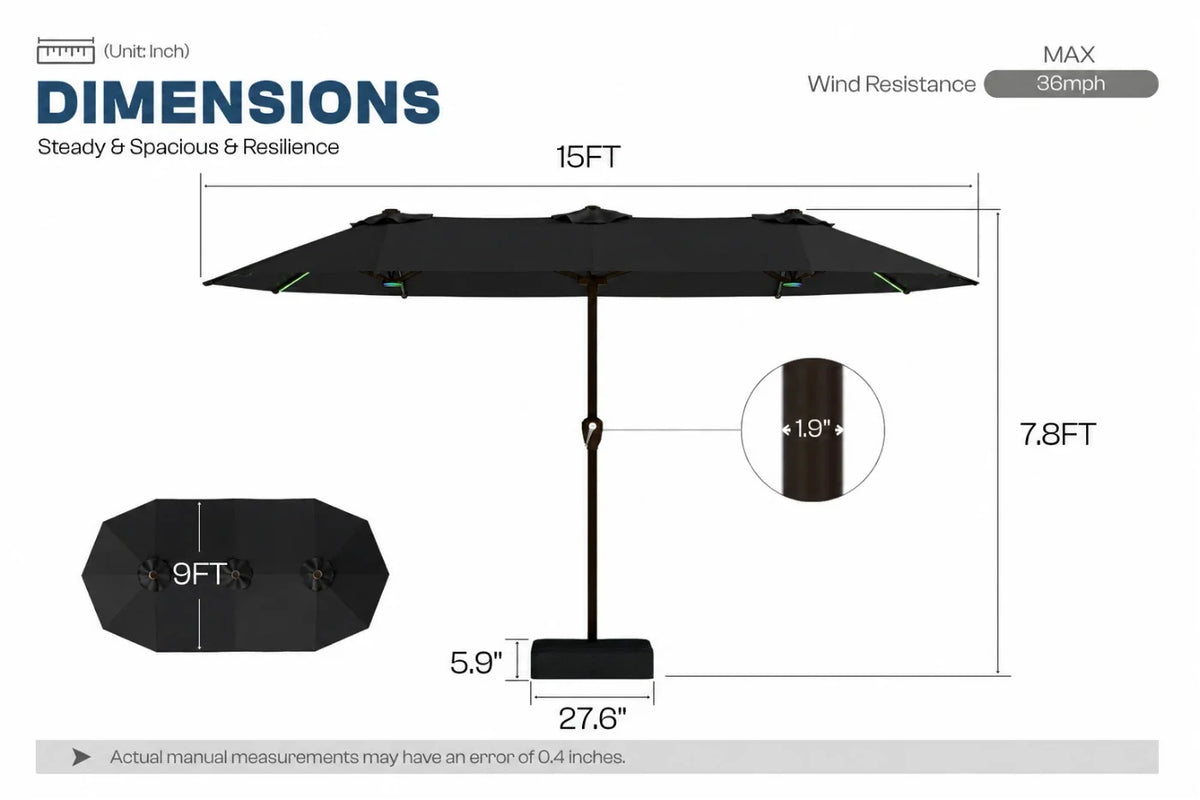 A dimension diagram of a black patio umbrella showing its canopy width of 15 feet, height of 7.8 feet.
