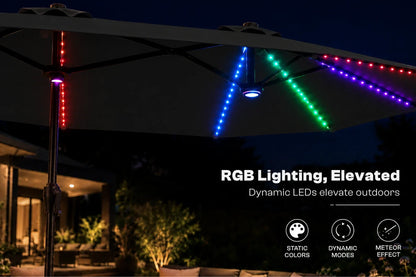 Black outdoor patio umbrella with illuminated RGB LED lighting strips in red, blue, green, and purple, shown at night with text overlay 'RGB Lighting, Elevated' and feature icons.