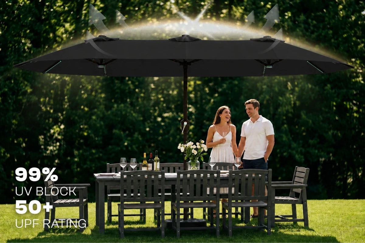 A large black outdoor patio umbrella with a built-in sprinkler system, shown in a garden setting with a couple standing underneath. 
