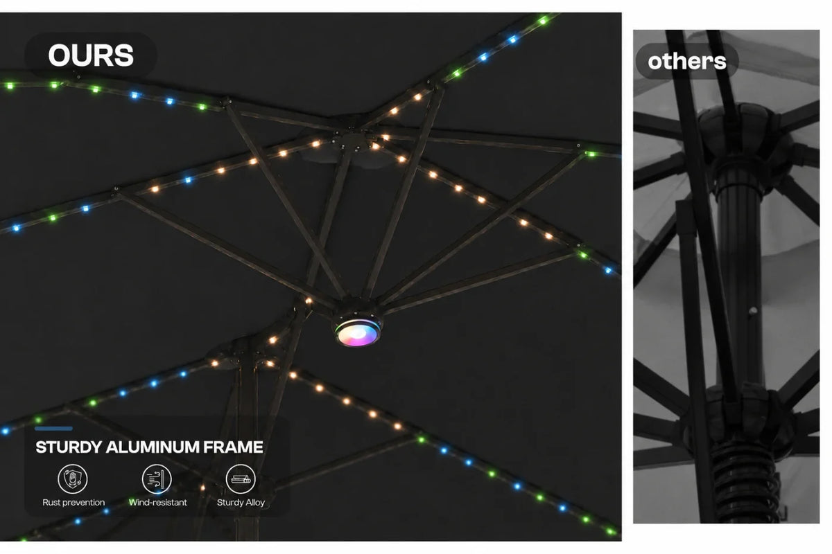 A split comparison image showing an RGB LED patio umbrella frame at night. The left side, labeled 'OURS', shows a black aluminum canopy frame illuminated with multicolored LED string lights and a central changing light.