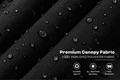 Close-up of black canopy fabric with water droplets on a textured surface, with white text reading 'Premium Canopy Fabric' and small icons for sustain ability, all-weather material, and fade-resistant.