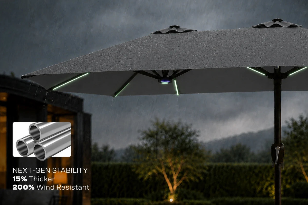 A large dark gray patio umbrella shown outdoors in the rain under a dark stormy sky, with built-in RGB LED light strips glowing underneath. A small inset graphic in the lower left shows metallic pole components with text reading 'NEXT-GEN STABILITY 15% Thicker 200% Wind Resistant.