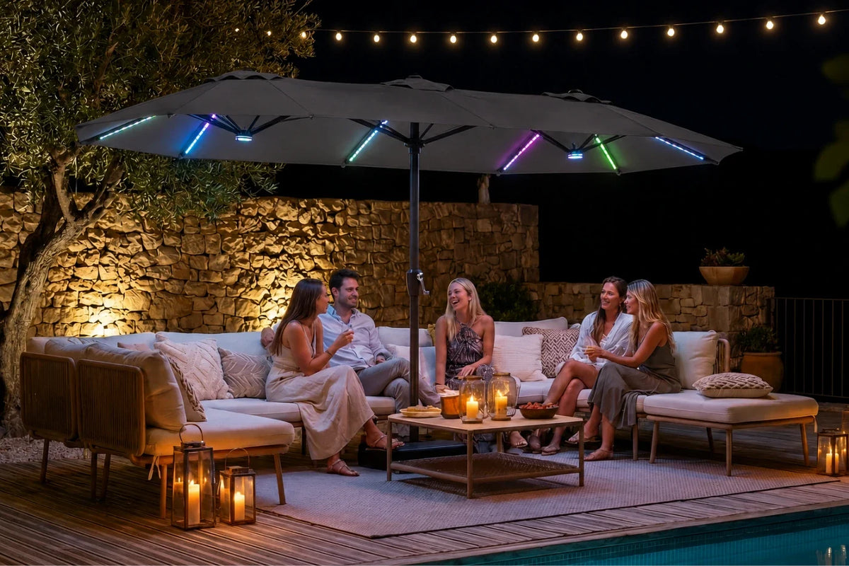 Outdoor patio scene at night with a group of five people sitting on a large beige sectional sofa under a dark gray patio umbrella with colorful RGB LED lighting strips. A stone wall, string lights, candles, and a pool are visible in the background.