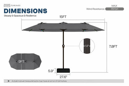 A dimension diagram of a dark gray patio umbrella showing its measurements: 15 feet wide canopy, 7.8 feet total height.