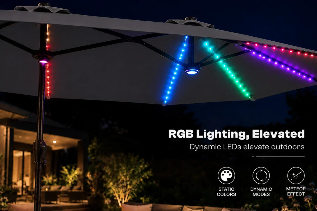 Dark gray outdoor patio umbrella with dynamic RGB LED strip lighting in red, green, blue, and purple, shown at night with text overlay 'RGB Lighting, Elevated' and feature icons.