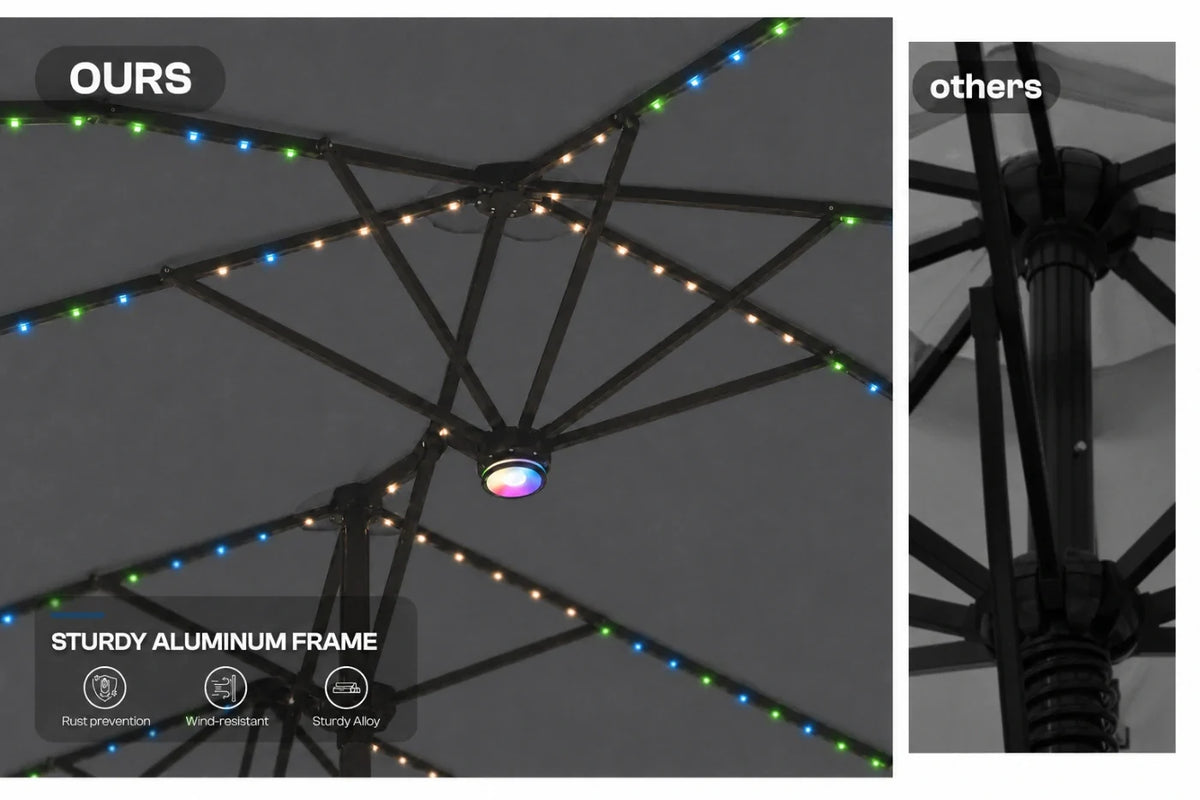 A split comparison image showing a dark gray patio umbrella with multicolor RGB LED string lights on the left and a black metal pole close-up labeled 'others' on the right. Text overlays read 'OURS' and 'STURDY ALUMINUM FRAME'.