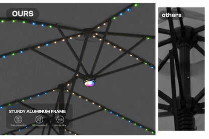 A split comparison image showing a dark gray patio umbrella with multicolor RGB LED string lights on the left and a black metal pole close-up labeled 'others' on the right. Text overlays read 'OURS' and 'STURDY ALUMINUM FRAME'.