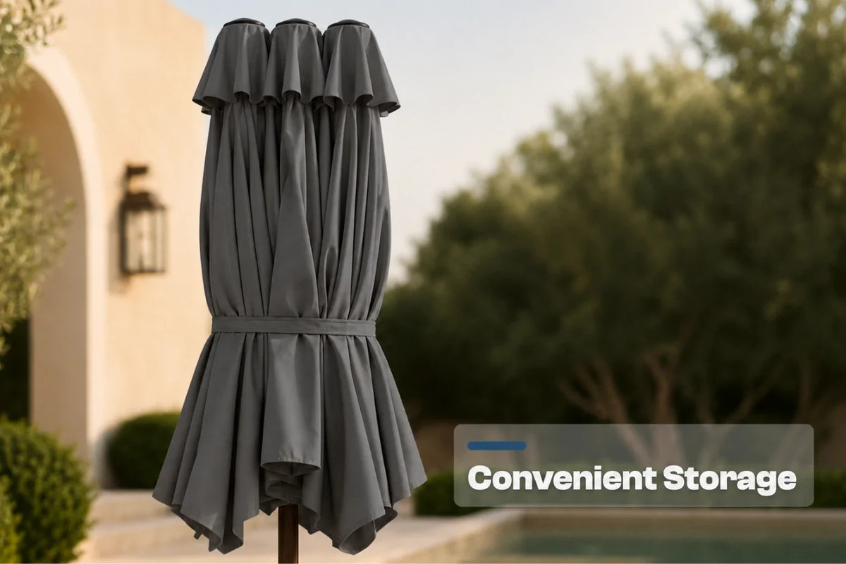 A folded dark gray patio umbrella stands upright outdoors in front of a blurred house and trees, with a text overlay that reads 'Convenient Storage'.