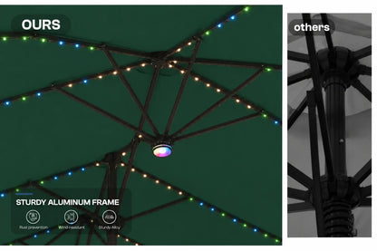 A split comparison image showing an aluminum patio umbrella with multicolor RGB LED string lights and a central color-changing light on a dark green canopy (labeled 'OURS' in color and 'others' in grayscale), highlighting a sturdier frame.