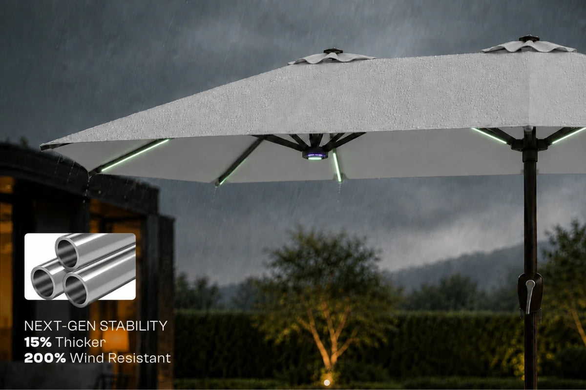 A large patio umbrella with a gray canopy and black frame, shown outdoors in the rain under a dark stormy sky. The image includes a small inset showing metallic pole tubes and text reading 'NEXT-GEN STABILITY 15% Thicker 200% Wind Resistant.