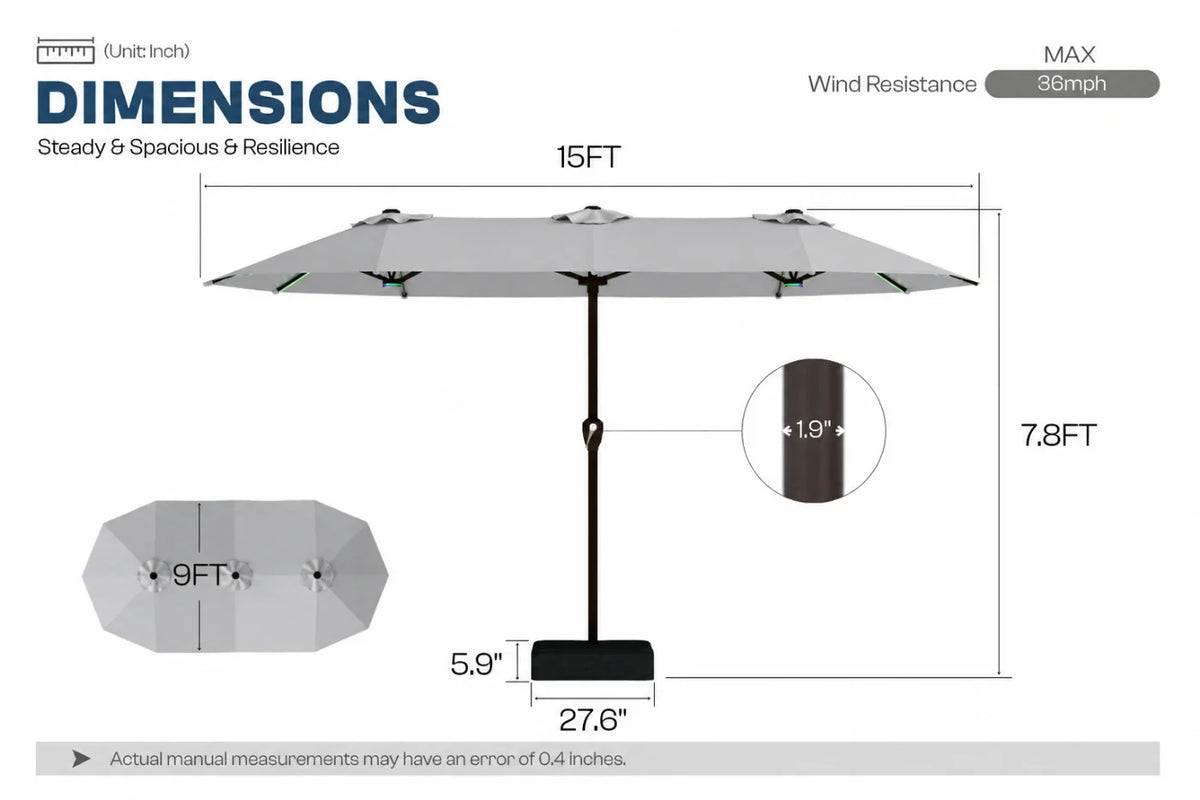 A dimension diagram of a large gray patio umbrella showing measurements including 15FT width, 7.8FT height.