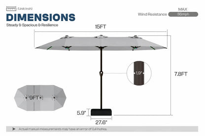 A dimension diagram of a large gray patio umbrella showing measurements including 15FT width, 7.8FT height.