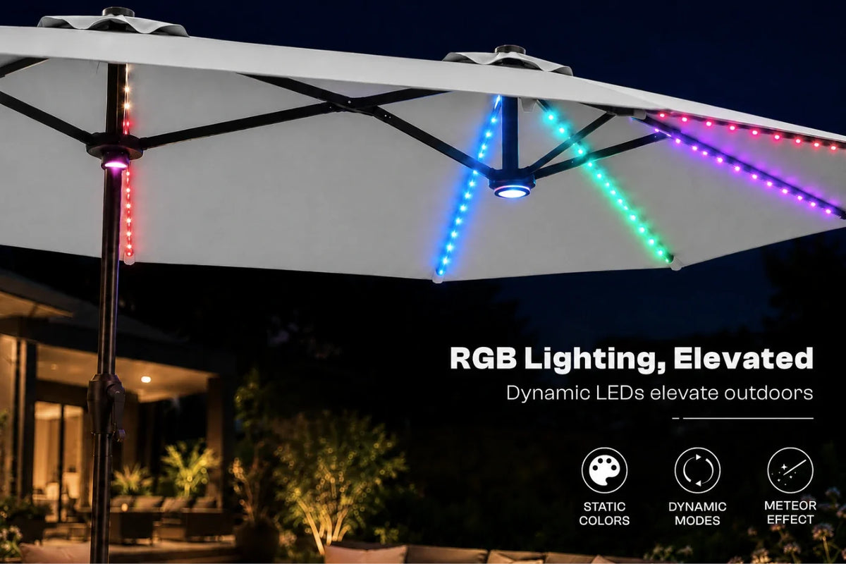 Gray outdoor patio umbrella with integrated RGB LED lighting strips under the canopy, shown at night with colorful light beams in red, blue, green, and purple. Text on the image reads 'RGB Lighting, Elevated' with icons for static colors, dynamic modes, and meteor effect.