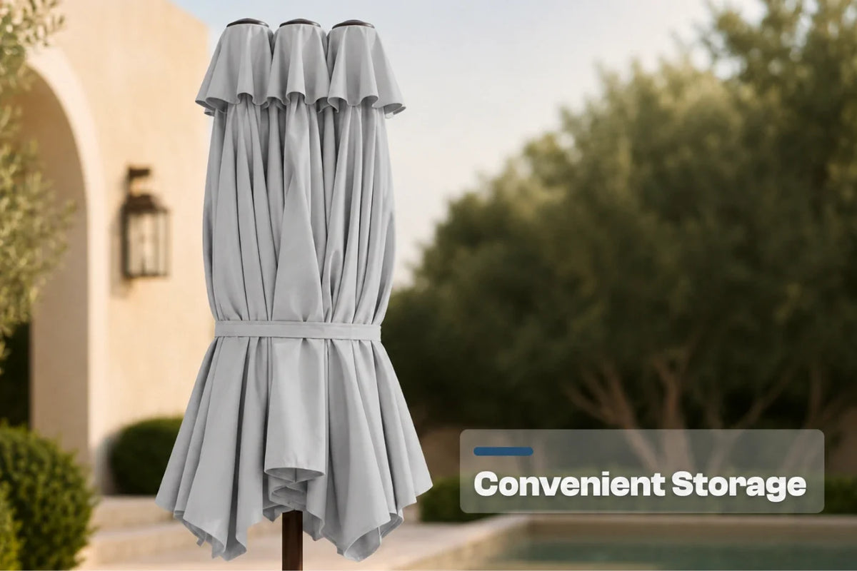 A folded gray patio umbrella shown outdoors in front of a blurred house and trees, with a text overlay that reads 'Convenient Storage'.