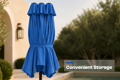 A closed indigo blue patio umbrella with pleated fabric sides and a waist tie, shown outdoors in front of a poolside patio with a blurred background and a text overlay that reads 'Convenient Storage'.