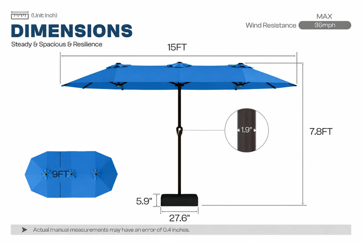 A dimension diagram of a indigo blue patio umbrella with a black pole and base on a white background. The image shows the open canopy width of 15 feet, the total height of 7.8FT.