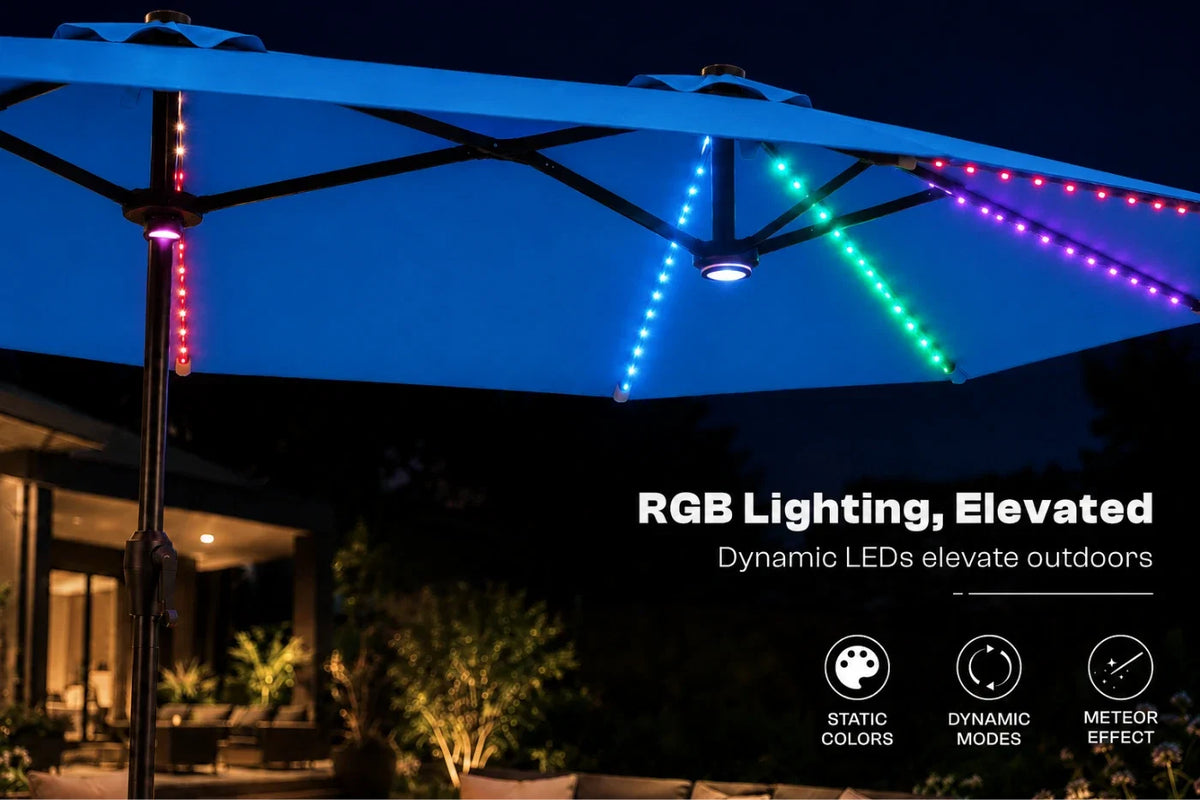 Indigo blue outdoor patio umbrella with dynamic RGB LED lighting in blue, green, pink, and purple at night, with text overlay reading 'RGB Lighting, Elevated' and feature icons.