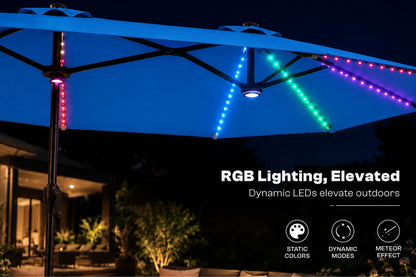 Indigo blue outdoor patio umbrella with dynamic RGB LED lighting in blue, green, pink, and purple at night, with text overlay reading 'RGB Lighting, Elevated' and feature icons.