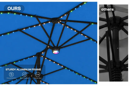 A split comparison image showing an patio umbrella frame. The left side, labeled 'OURS', shows a black aluminum frame with illuminated RGB LED string lights, with text overlays 'OURS' and 'STURDY ALUMINUM FRAME'.