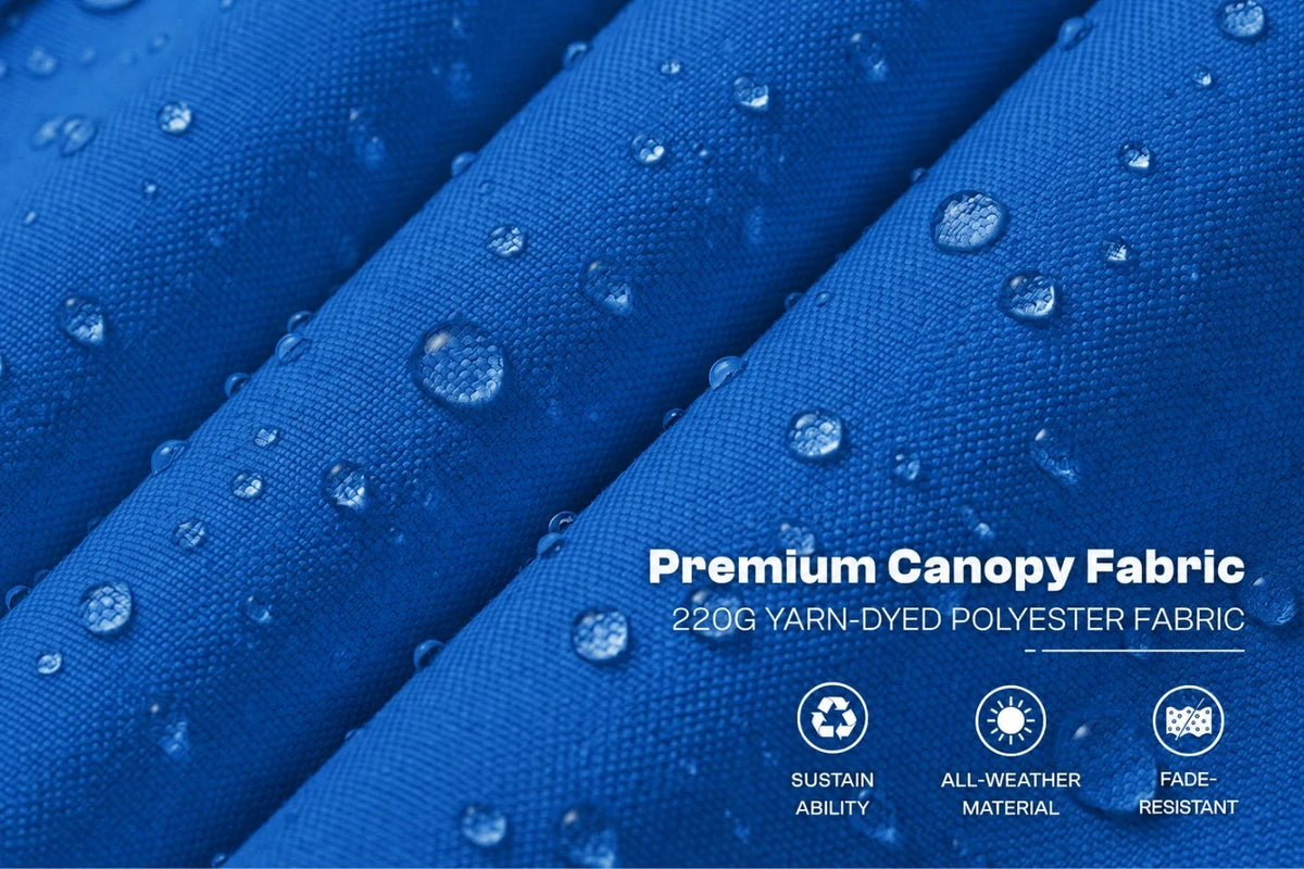 Indigo blue fabric close-up with water droplets on the surface and text reading 'Premium Canopy Fabric' plus small icons for sustain ability, all-weather material, and fade resistant.