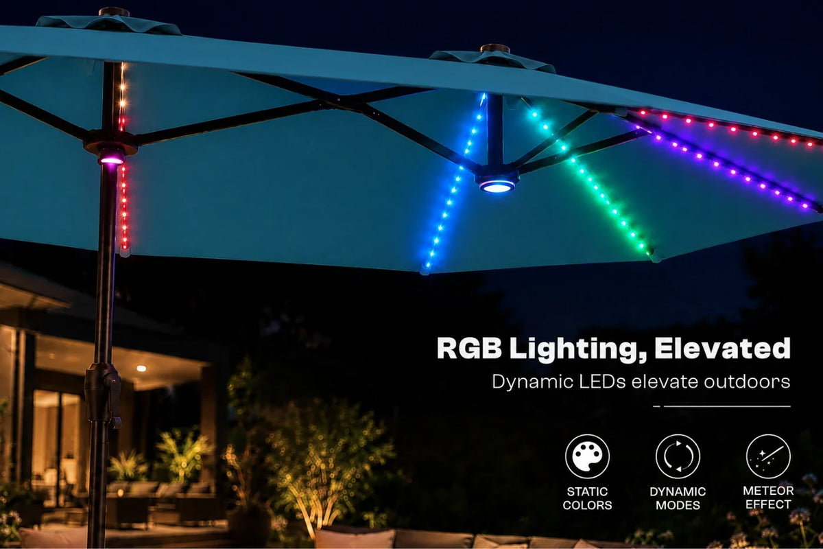 Lake blue outdoor patio umbrella with illuminated RGB LED strip lights in blue, green, purple, and red, shown at night over a garden patio with text overlay 'RGB Lighting, Elevated'.