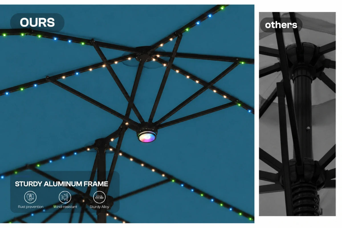 A split comparison image showing an RGB LED patio umbrella canopy from two angles. The left side, labeled 'OURS', shows the canopy from below against a twilight sky, highlighting the multi-colored RGB LED string lights along the metal frame and the central light fixture.