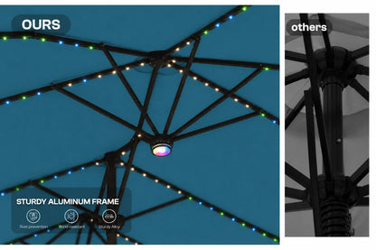 A split comparison image showing an RGB LED patio umbrella canopy from two angles. The left side, labeled 'OURS', shows the canopy from below against a twilight sky, highlighting the multi-colored RGB LED string lights along the metal frame and the central light fixture.