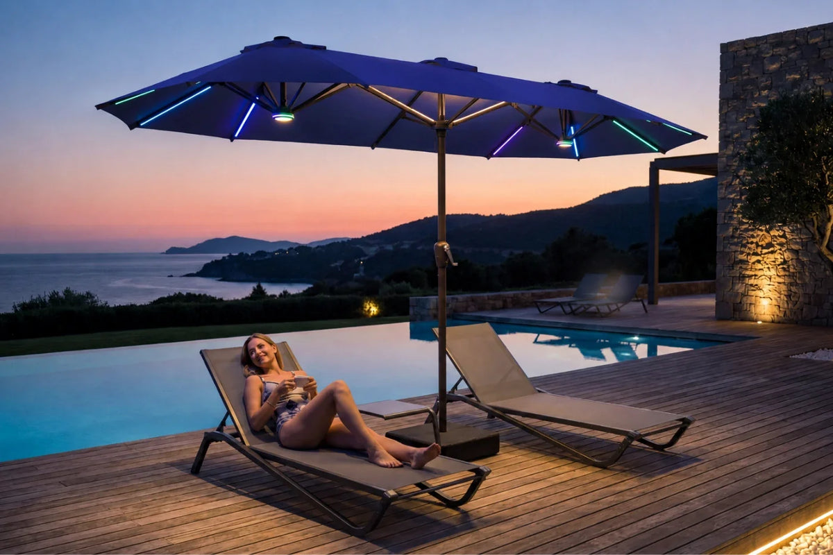 A woman relaxes on a beige lounge chair beside a lit swimming pool at dusk, under a large navy blue patio umbrella with colorful RGB LED light strips. A second lounge chair sits nearby on a wooden deck with a stone wall and distant hills visible in the background.