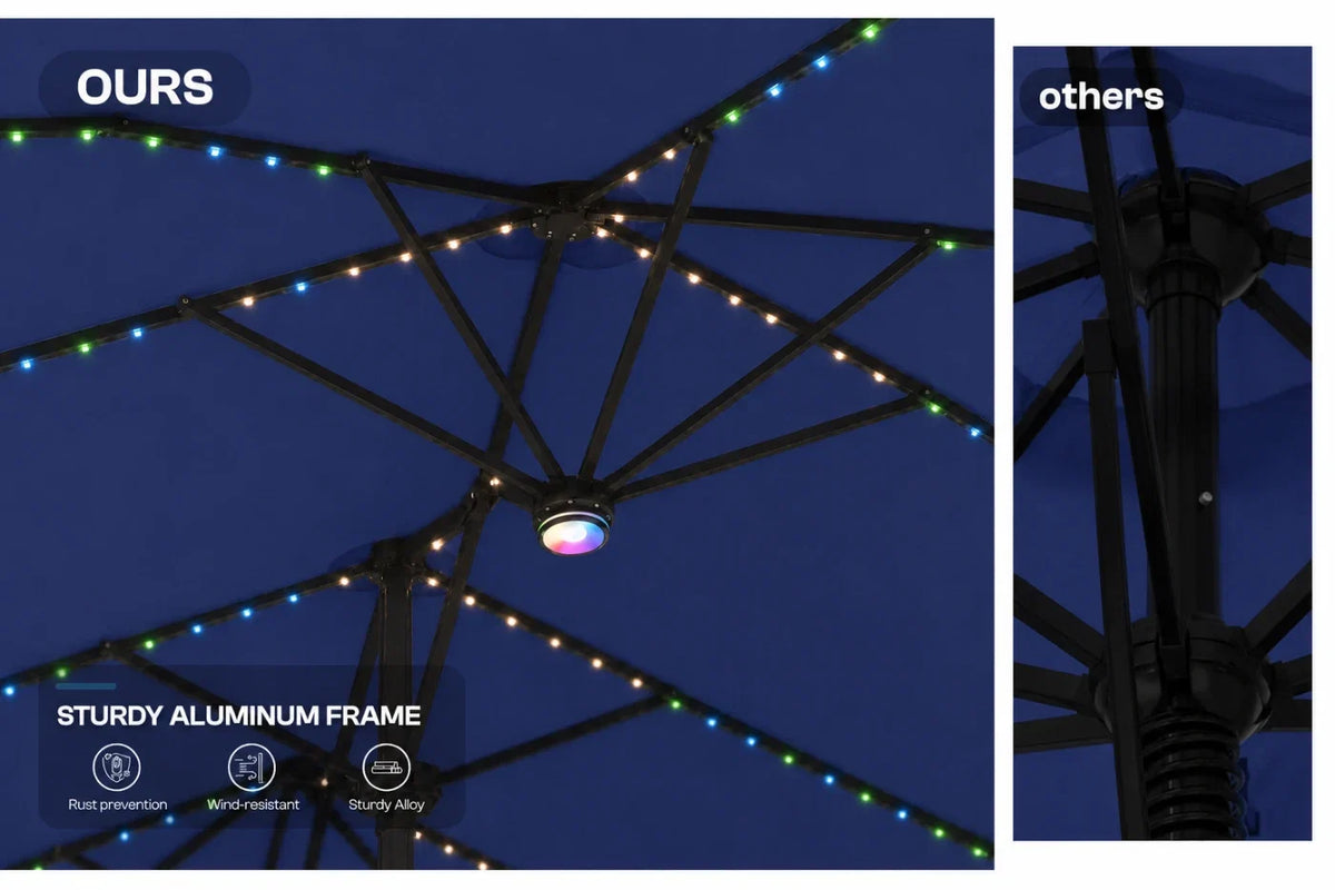 A split comparison image showing outdoor patio umbrella RGB LED string lights. The left panel, labeled 'OURS', shows a close-up of a sturdy aluminum frame with multicolored lights glowing along the ribs.