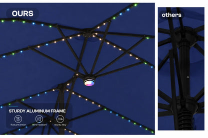 A split comparison image showing outdoor patio umbrella RGB LED string lights. The left panel, labeled 'OURS', shows a close-up of a sturdy aluminum frame with multicolored lights glowing along the ribs.