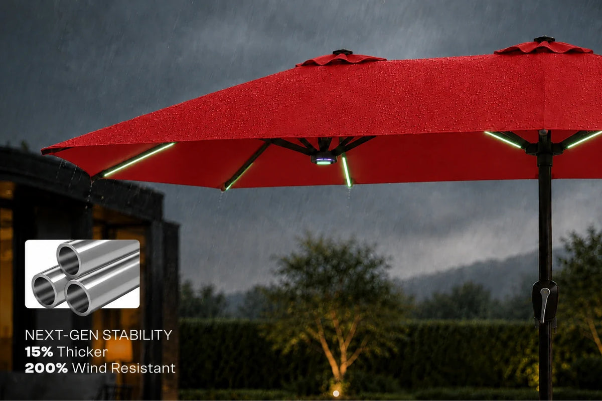 A red outdoor patio umbrella shown in the rain with integrated RGB LED light strips under the canopy. The background depicts a blurred garden and house during a storm.